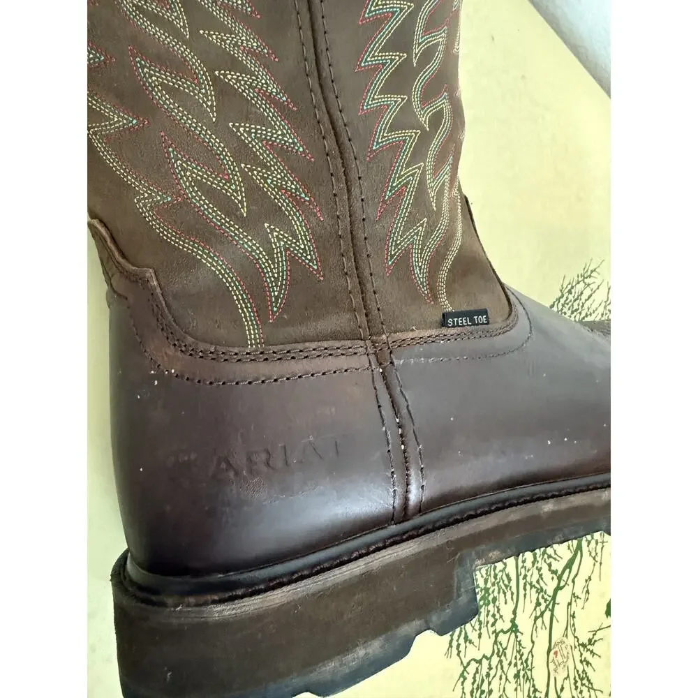 Gently Used Ariat Groundbreaker Square Steel Toe Brown Leather Embroidered 13EE